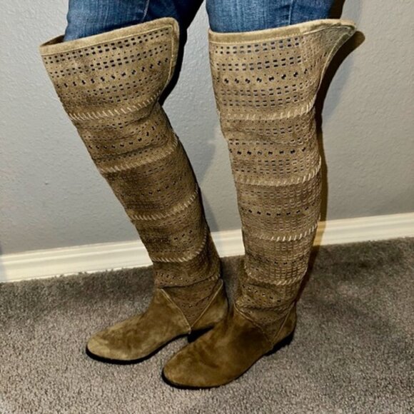 Sundance DONALD PILNER DEVYA Tall Boot Taupe Suede Over Knee Laser Cut NWOT 7.5 - Picture 1 of 14